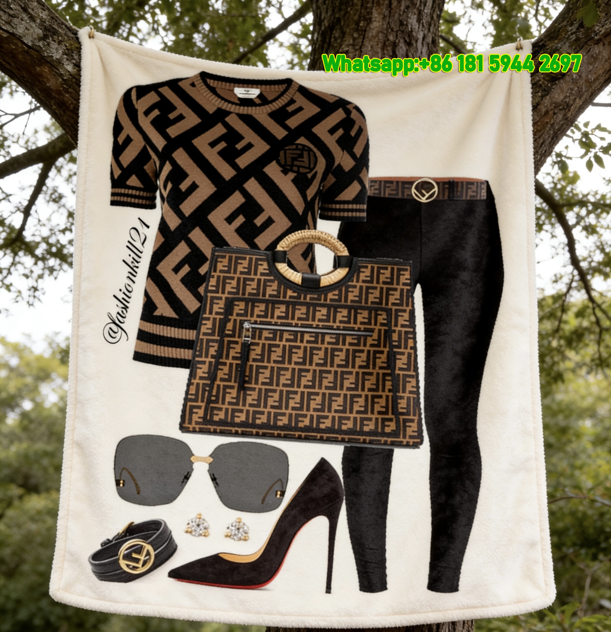 Fendi FF Monogram Outfit Print Flannel Sofa Throw Blanket Luxury Designer IMG_9369